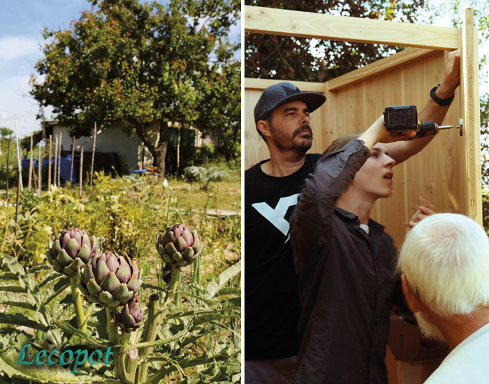 Vue des jardins familiaux et l'équipe de montage au travail